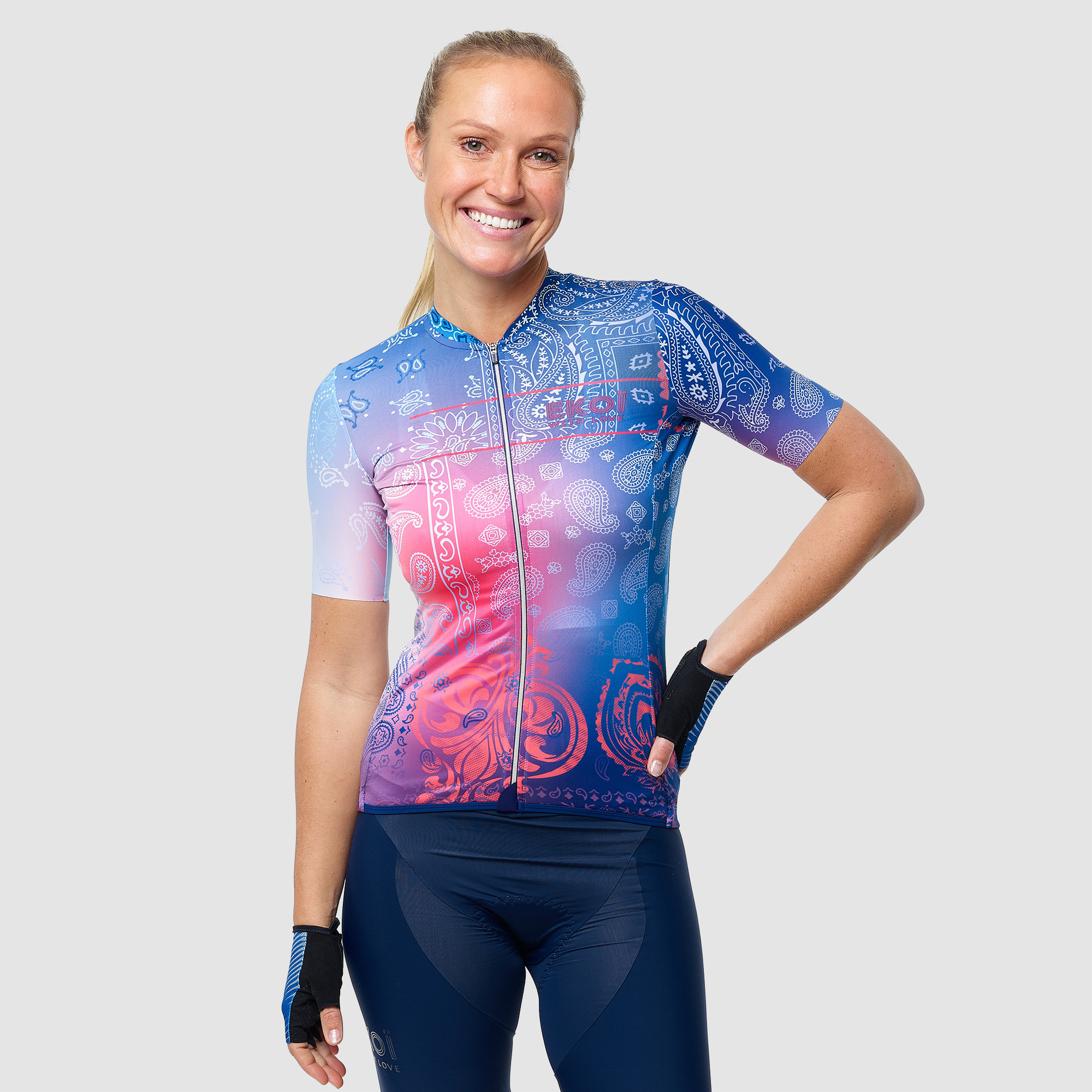 womens short sleeve cycling jersey blue rainbow